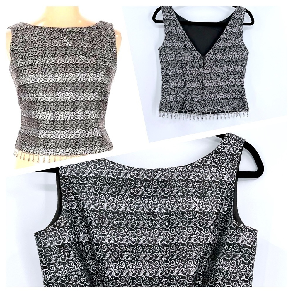 Cachet beaded hem metallic formal sleeveless crop top blouse black silver sz 10